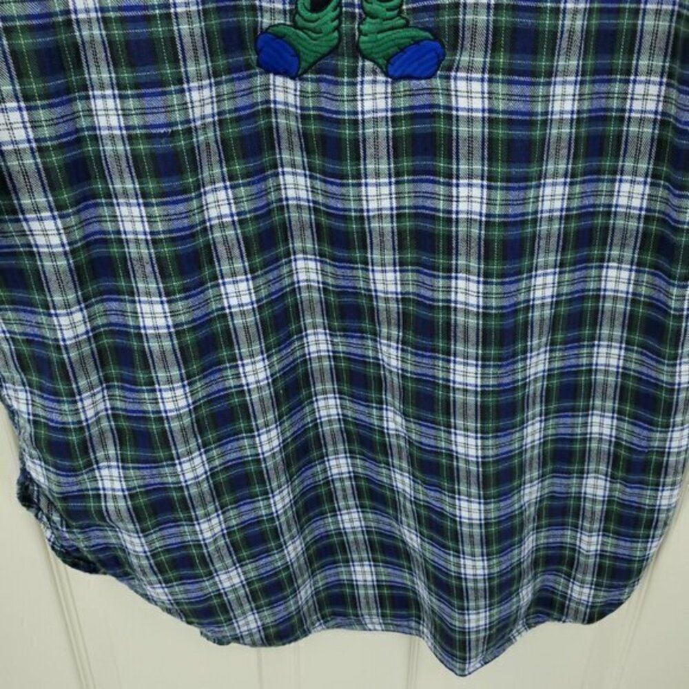 VTG 90s Disney 100% Cotton Flannel Plaid V-Neck Mickey Nightshirt OS Green/Blue - Picture 7 of 15